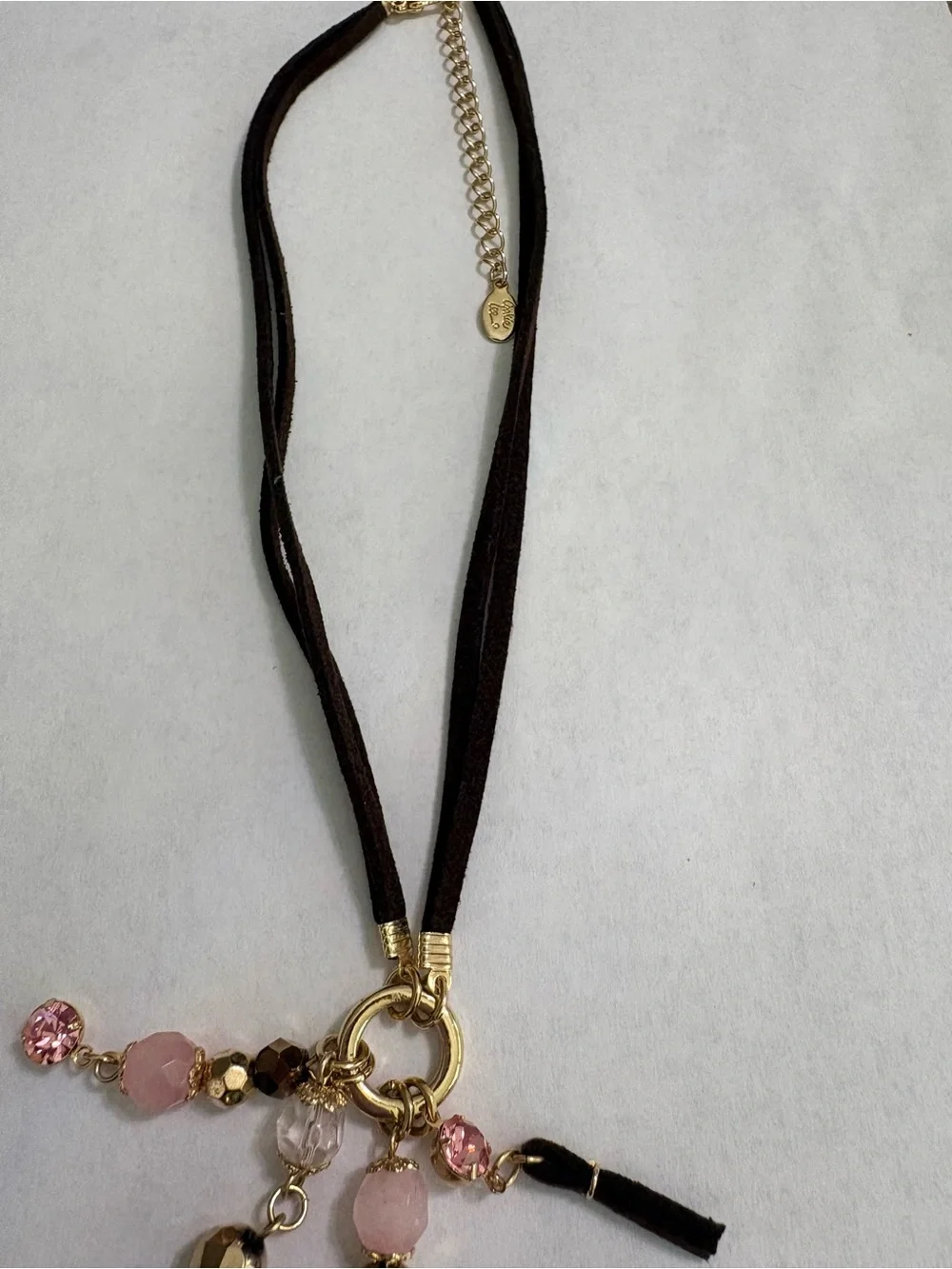 Cookie Lee Vintage Double Suede Cord Heart & Pink Crystal Charm Choker Necklace